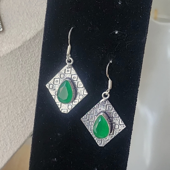 Boho 925 Silver Plated Necklace Earrings Set Seraphinite Pendant Emerald Green - Picture 3 of 8